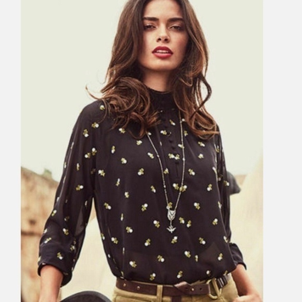 Cabi Alegria Floral Embroidered Smocked Neck Long Sleeve Sheer Blouse,